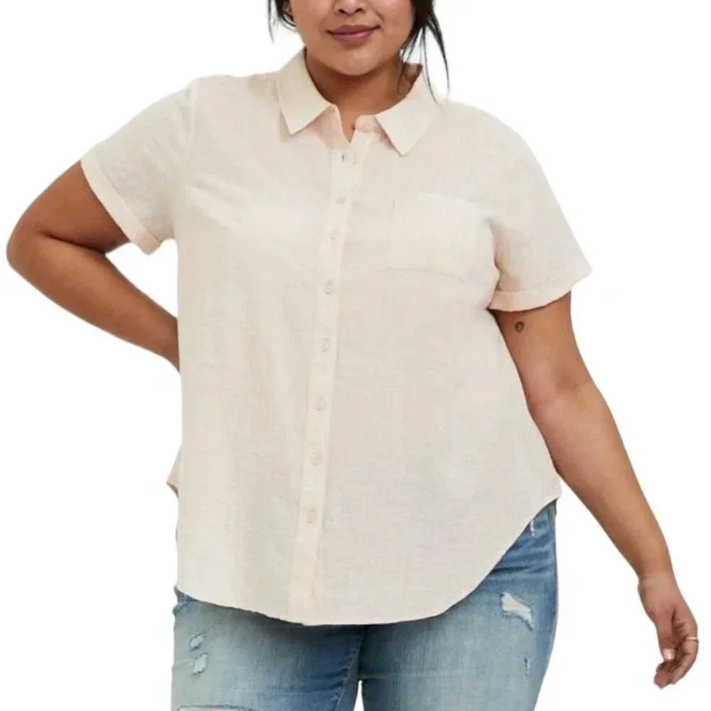 Torrid Peach Blush Textured Woven Cotton Button Up Blouse 2X